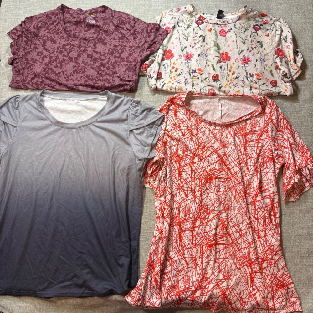 Lot 4 Women's Graphic T-Shirts XL Floral Ombre Abstract Ruffle Tops Bundle
